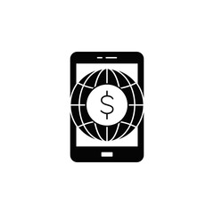 Global mobile transaction icon in black flat glyph, filled style isolated on white background