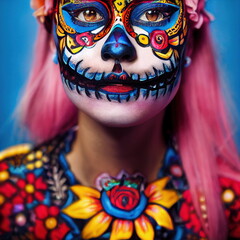 Day of the Dead, Mexican female Skull makeup and flowers the traditional holiday in Mexico., digital 3D illustration Original concept, this Character is fiction based and does not exist in real life