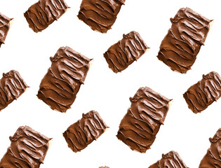 Pattern with bread with delicious chocolate cream. Chocolate cream texture with white background