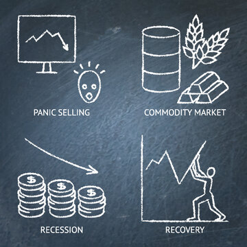 Stock market financial crisis chalkboard icon set