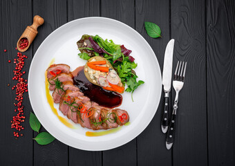 Plate with duck breast and pear, duck L'Orange