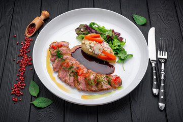 Plate with duck breast and pear, duck L'Orange