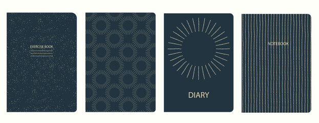 Set of cover page vector templates based on seamless patterns with Art Deco patterns with gold-like geometric shapes. Perfect for exercise books, notebooks, diaries, presentations