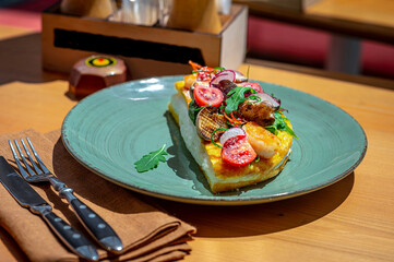 Omelet pulyar with shrimp and grilled mushrooms