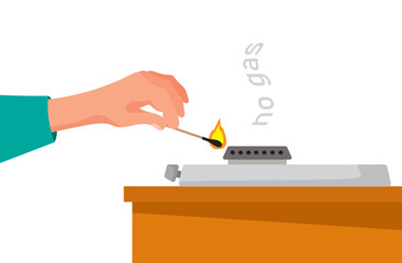 No gas. gas crisis. Turned off the gas. A man's hand lights a gas burner with a match. Vector illustration.