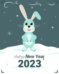 Happy New Year 2023! Year of the water hare. Greeting card blue hare stands in the snow, snowflakes fall around.