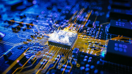 Dark Theme Visualization of Circuit Board CPU Processor Starting Digitalization Process and Information Computing, Processing Bits of Data. Computer Graphics, Special Visual Effects, Image. - obrazy, fototapety, plakaty
