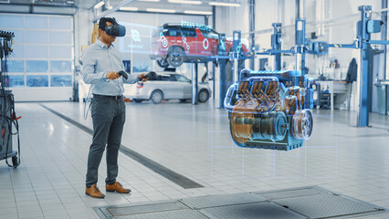Premium Car Service Manager Uses a Futuristic Virtual Reality Headset Diagnostics Gadget with...
