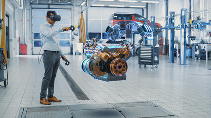 Premium Car Service Manager Uses a Futuristic Virtual Reality Headset Diagnostics Gadget with Controllers. Mechanic Inspecting the V6 Internal Combustion Engine for Parts and Component Numbers.