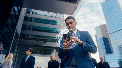 Handsome Businessman Uses Smartphone with Visual Infographics Showing Internet Icons, Walks through Crowded City Streets. Big Data, Information, e-Business and Entrepreneurship Concept.
