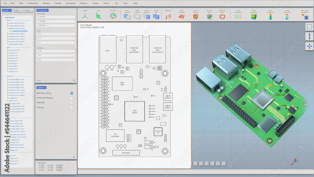 Fototapete 3d vfx graphics design of printed circuit board, computer motherboard components: microchips, cpu pr
