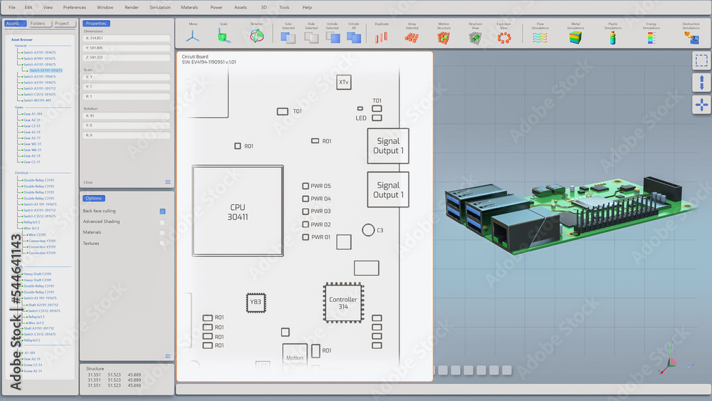Fototapete 3d vfx graphics design of circuit board, computer motherboard components: microchips, cpu processor,