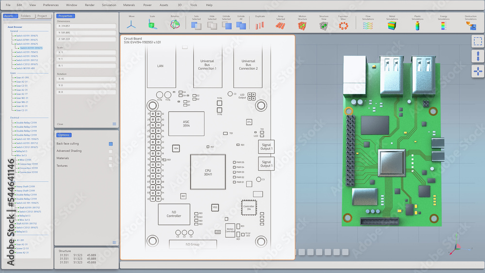 Fototapete 3d vfx graphics design of printed circuit board, computer motherboard components: microchips, cpu pr