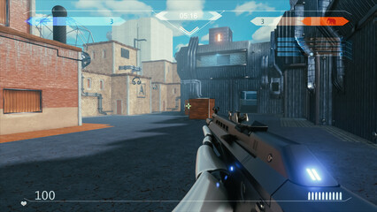 Mock-up of the Sci-Fi First Person Shooter. 3D Game Walkthrough, FPS with Gun on a Spaceship, War Against Flying Robots. Online Live Stream of Popular e-Sports Tournament Event Concept.