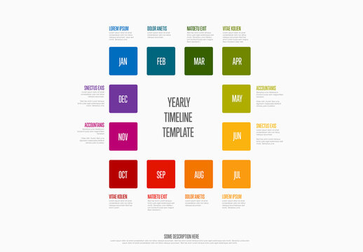 Full year timeline template with 12 month in rainbow square