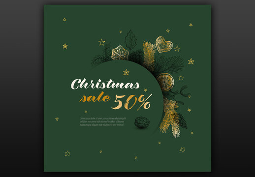 Vector dark green vintage hand drawn Christmas sale card banner with golden gray elements