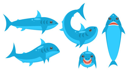 Set Abstract Collection Flat Cartoon Different Animal Fish Sharks Swimming, Floats Vector Design Elements Fauna Wildlife