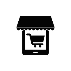 Mobile shopping icon in black flat glyph, filled style isolated on white background