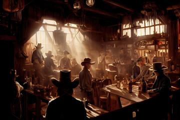 AI generated image of cowboys and barmaids inside a saloon in the wild wild west	 - obrazy, fototapety, plakaty