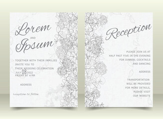 Beautiful Wedding Invitation Card Template Set with Hand Drawn Floral and Leaves