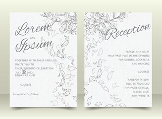 Elegant Wedding Invitation Card Template Set with Hand Drawn Leaves