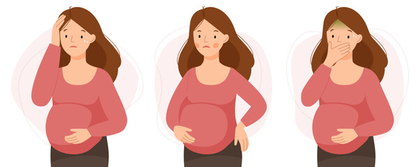 Pregnancy symptoms, problems. A pregnant woman has a back pain, headache, experiences nausea.