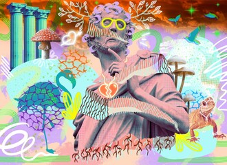 Contemporary strange funny clipart, a modern concept collage. The concept of broken love. The statue of an ancient man with broken heart. The revival of the life of the tree, leaves and roots