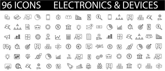 Set of 96 Technology and Electronics and Devices web icons in line style. Device, phone, laptop, communication, smartphone, ecommerce. Vector illustration.