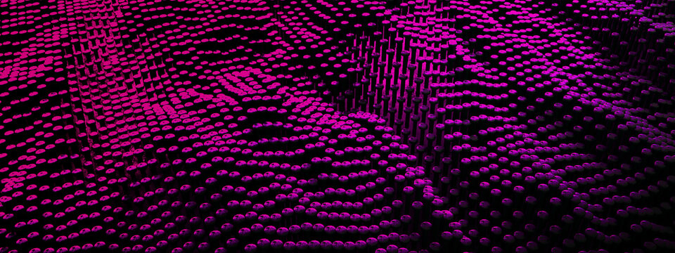 Abstract purple background with cylinders, random cells, polygonal glossy surface, futuristic abstraction, 3d render, panoramic image