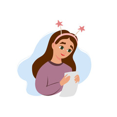 Pretty girl reads a Christmas wish list letter for Santa Claus. Vector illustration. Isolated on white background