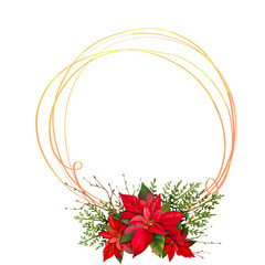 Beautiful frame Merry Christmas with a red flower poinsettia, thuja sprigs