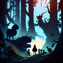 Illustration of Snowwhite and dwarves in the forest