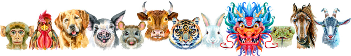 Border from watercolor twelve chinese zodiac animals