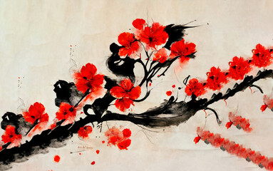 Japanese ink black and red flowers painting. Design for invitation, wedding or greeting cards with hand painted