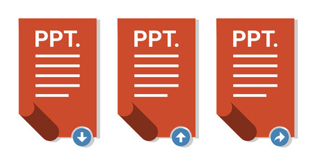 Vector of PPT download icon, PPT upload icon,and PPT share icon. PPT logo with download, upload,and share label. Presentation document logo with rolled document.digital file format.