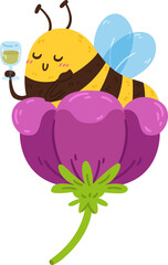 Cute little honey bee in flower with wineglass of nectar. The striped insect resting during the break. Character isolated illustration.