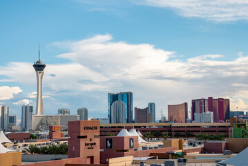 Las Vegas, USA. September 16, 2022. Beautiful view of modern buildings and skyscrapers. Luxurious casinos and hotels in Las Vegas city with cloudy sky in background.
