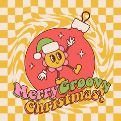 Merry Groovy Christmas greeting card with retro cartoon flower character. Christmas tree bauble ball with walking daisy mascot in Santa hat. Vector contour illustration in trendy vintage comic style