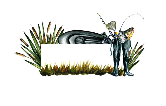 recommend clip art: Fishing frame. Fishing gear. Watercolor illustration. For design solutions for labels, postcards, banners, packaging