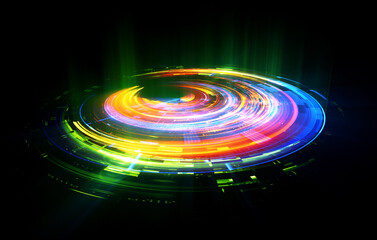 Obraz premium Glow swirl light effect. Circular lens flare. Abstract rotational lines. Power energy element. Luminous sci-fi. Shining neon lights. Magic arena. Swirl trail effect. Glint scene. Dynamic ellipse.