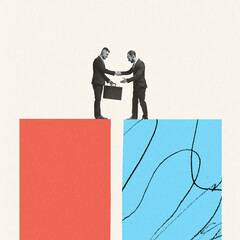 Contemporary art collage. Creative design. Two businessmen shaking hands and exchanging briefcase...