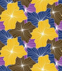 Abstract Hand Drawing Striped Line Drawing Hibiscus Flowers Seamless Tropical Vector Pattern Isolated Background