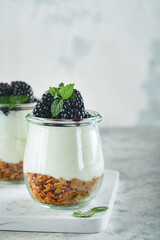Yogurt with granola, blackberry berry fruits and muesli served in glass jar on gray concrete table...