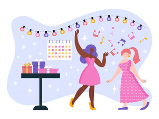 Vector, flat illustration. The girls are dancing at the party. Fun, decorations, confetti.