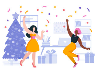 Vector, flat illustration. The girls are dancing at the party. Fun, decorations, confetti. Christmas, new year.