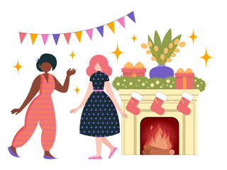 Vector, flat illustration. The girls are dancing at the party. Fun, decorations, confetti. Christmas, new year.