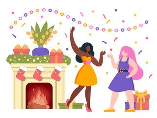 Fototapeta na wymiar Vector, flat illustration. The girls are dancing at the party. Fun, decorations, confetti. Christmas, new year.