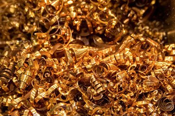 Close-up scene of  brass materials scrap from turning process.