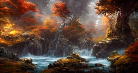 Fototapeta na wymiar Digital Illustration Enchanted Forest With Waterfalls