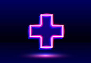 Plus neon sign in the dark room. Shiny cross emblem or icon.